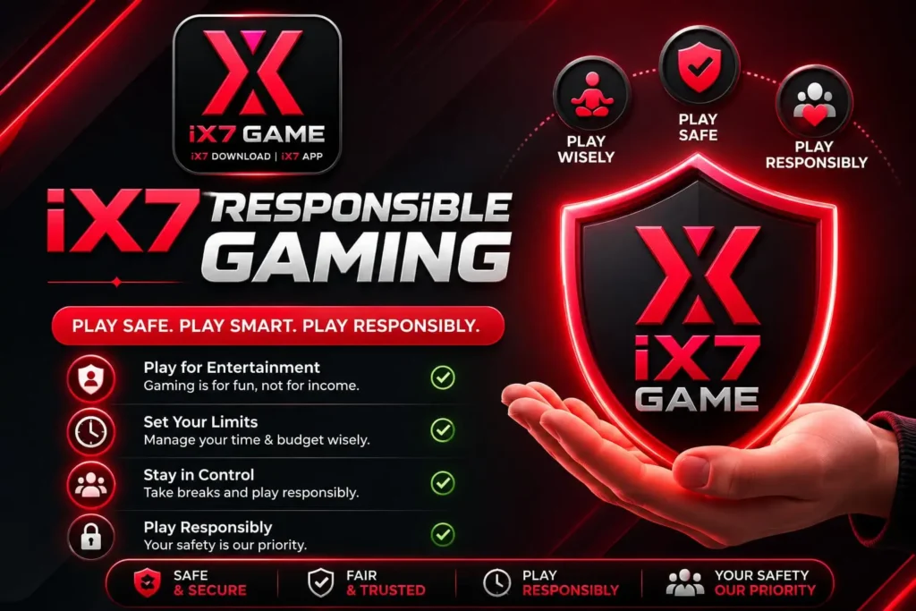 IX7 Responsible Gaming guide showing safe online gaming practices, healthy gaming habits, secure gaming, and responsible play for adults 18+.
