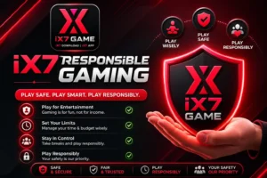 IX7 Responsible Gaming guide showing safe online gaming practices, healthy gaming habits, secure gaming, and responsible play for adults 18+.